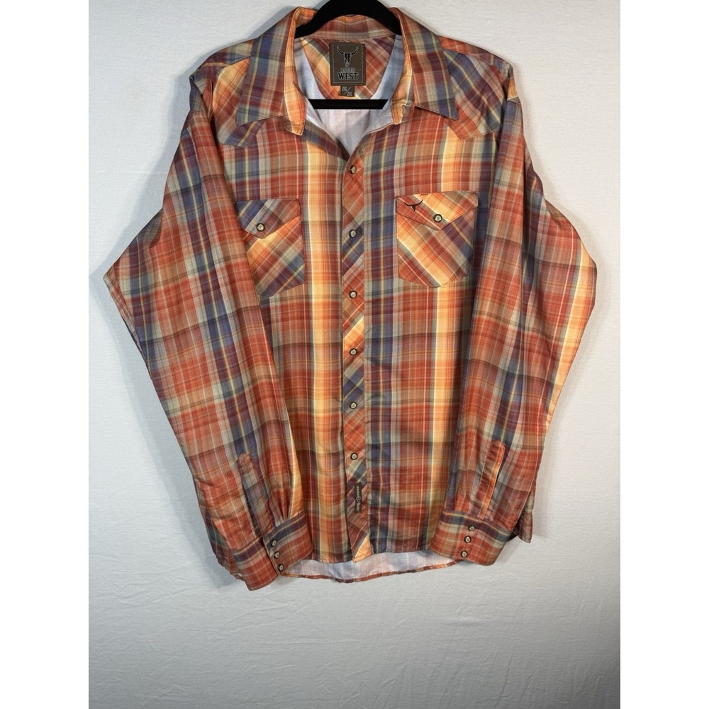 Rodeo West Plaid‎ Pearl Snap Western Shirt Mens 2XL Orange Cowboy Long Sleeve